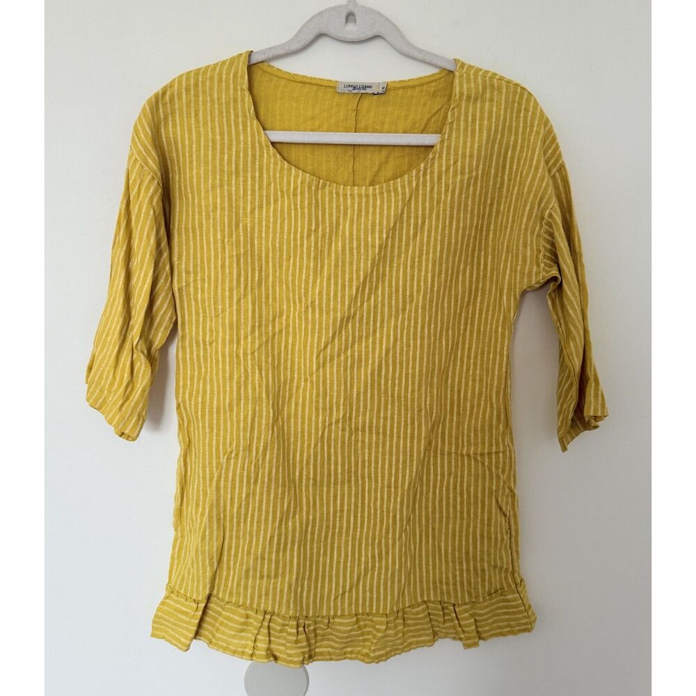 Lungo Larno Yellow Linen Stripe Blouse Ruffle Hem Round Neck Half Sleeves S